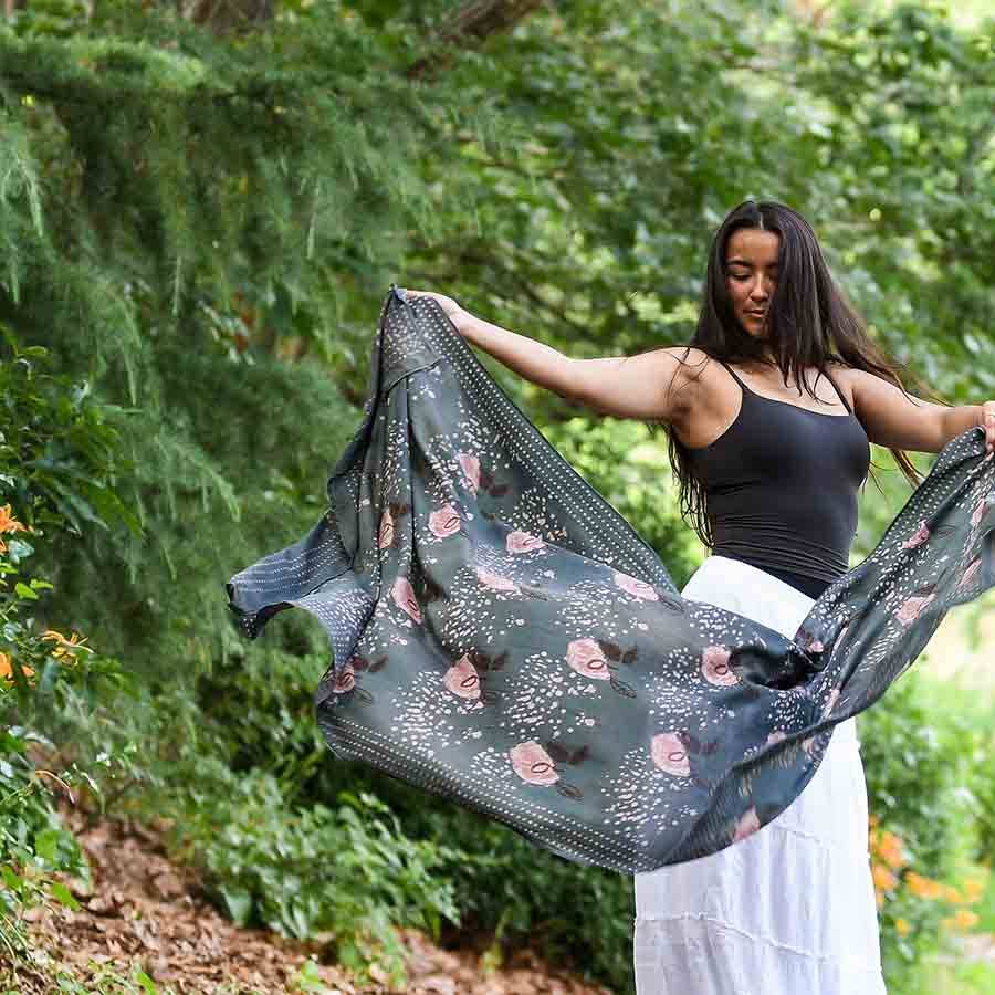 Boho Floral Scarf, Block Print Cotton Silk Wrap | Paro