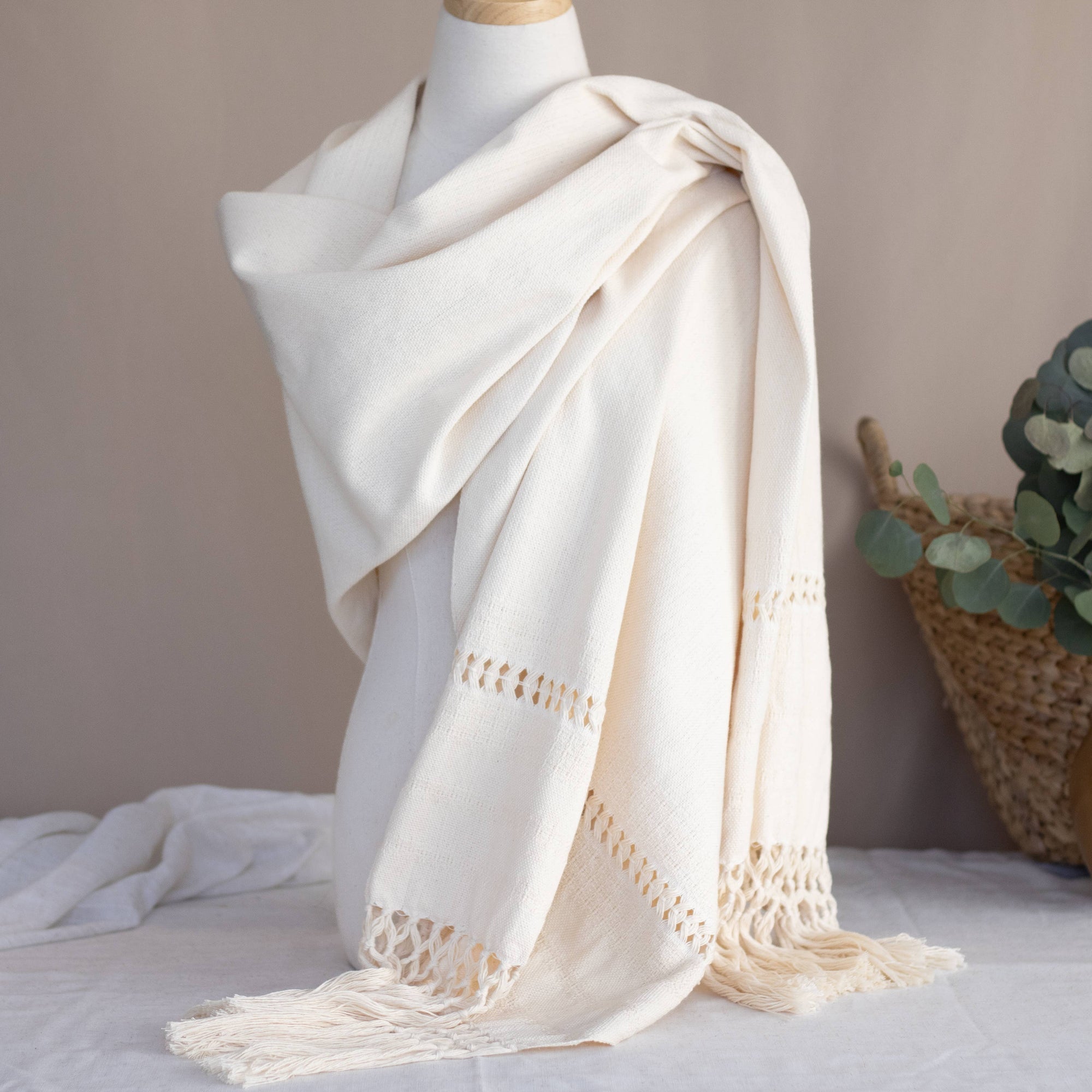 Handwoven Organic Cotton Shawl Wrap - Natural Cotton