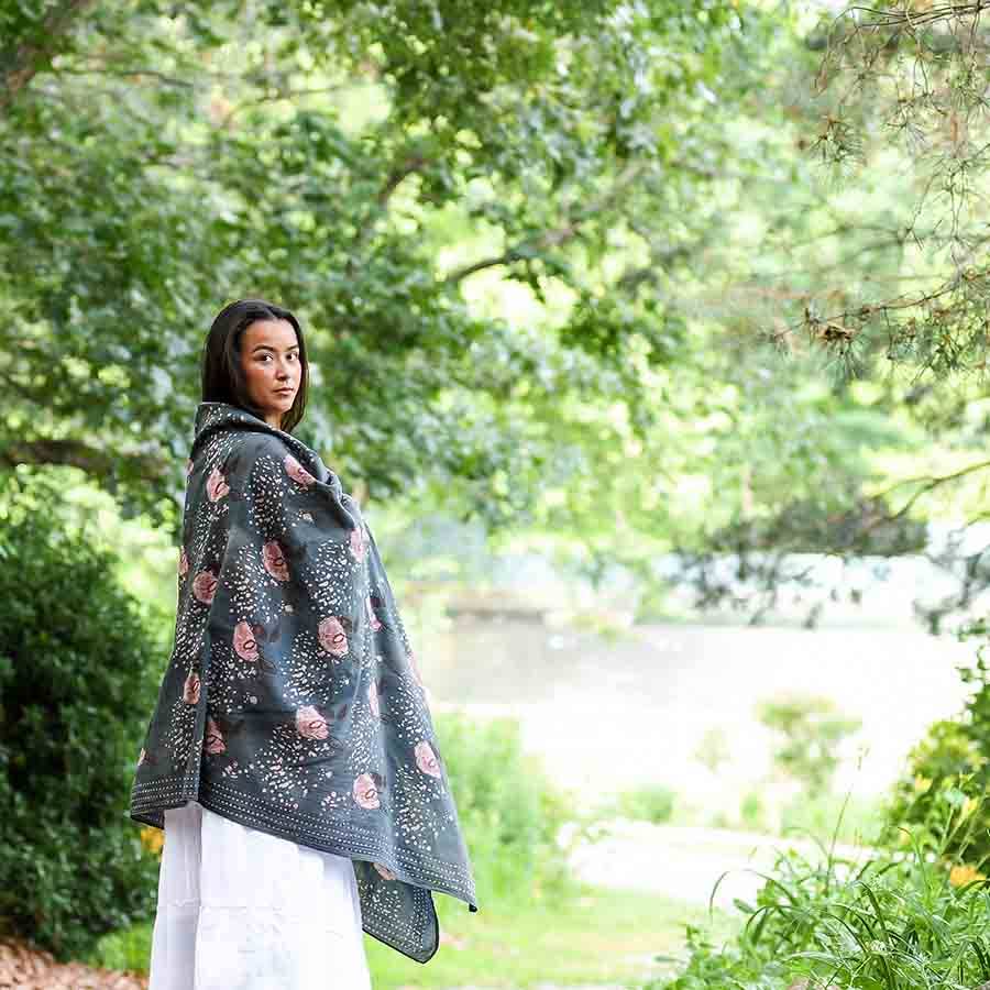Boho Floral Scarf, Block Print Cotton Silk Wrap | Paro
